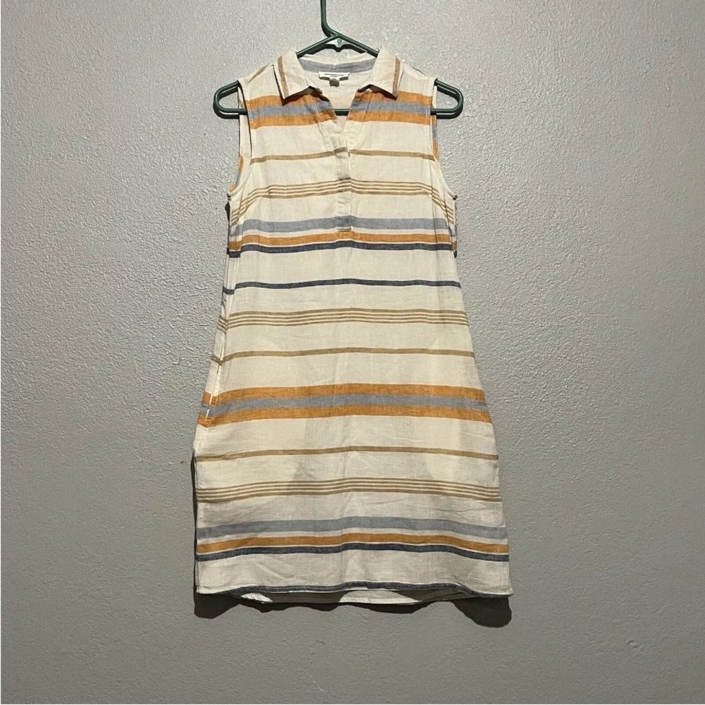Beach Lunch Lounge Linen Cotton Blend Striped Sleeveless Shirt Dress Size XS